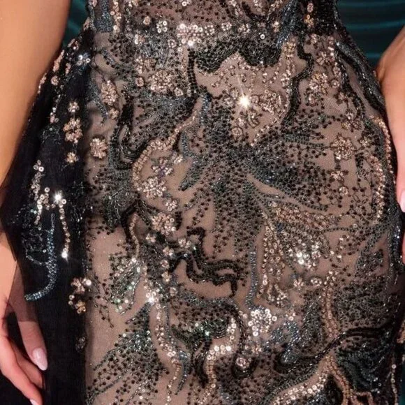 New Black Sleeveless Mother Of Bride Gown w/Beaded Overlay & Side Drape CD A1489 - Picture 7 of 13